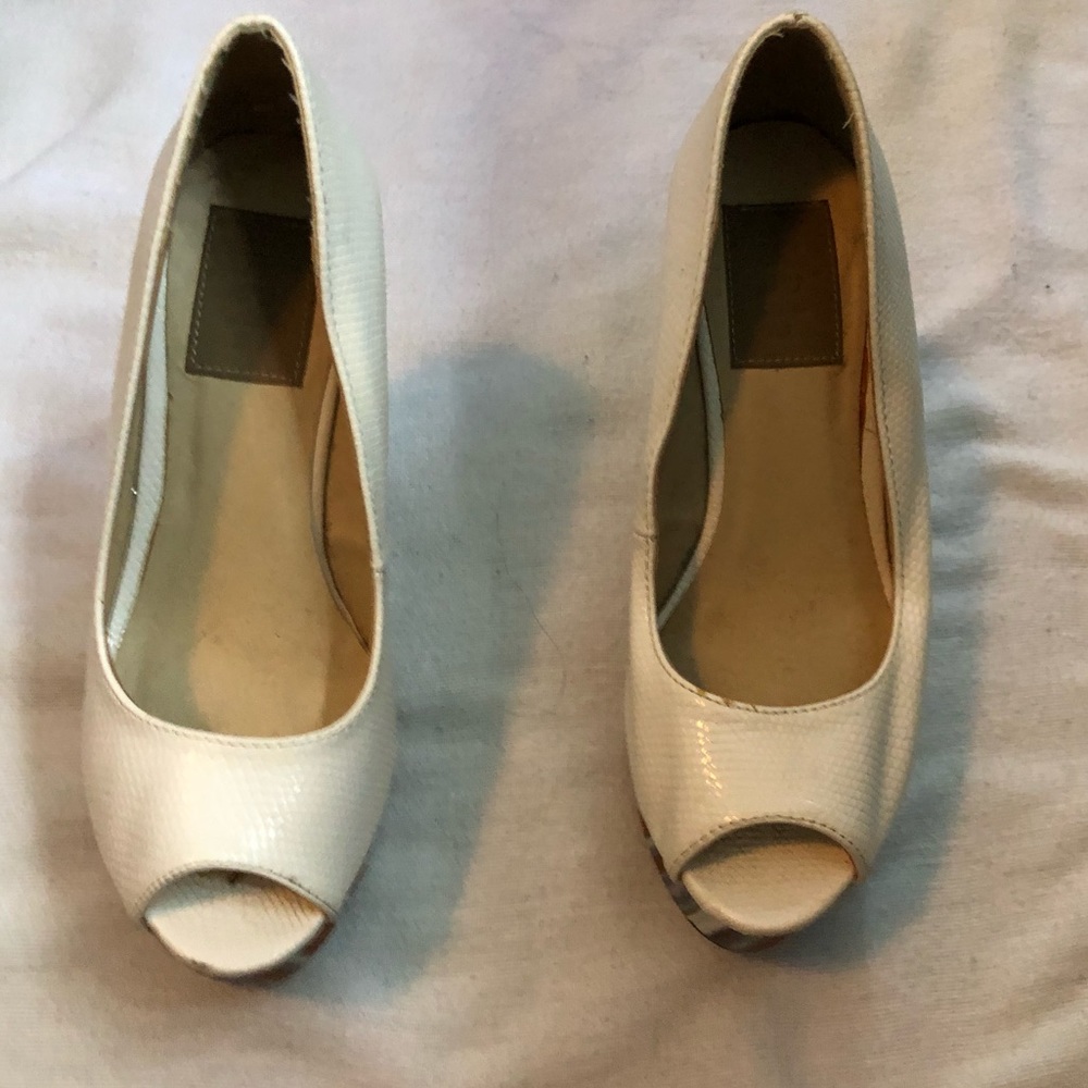 Peep toe wedges.  Cream and multi colored.